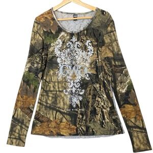 GWG Girls w/ Guns Mossy Oak Waffle Knit Camo Lace Top XL Jeweled Retro 90s Y2K